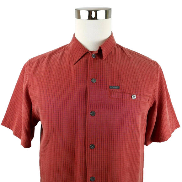 Columbia Mens Button Up Orange Checkered Casual Shirt Small Short Sleeve - Picture 1 of 11